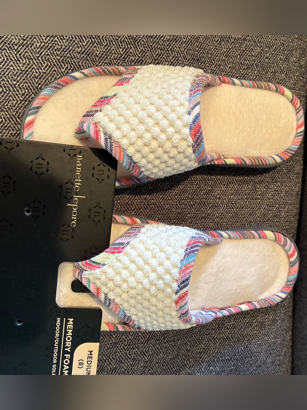 Nanette Lepore White Slide Slippers with Pink Blue Multi-Striped Trim